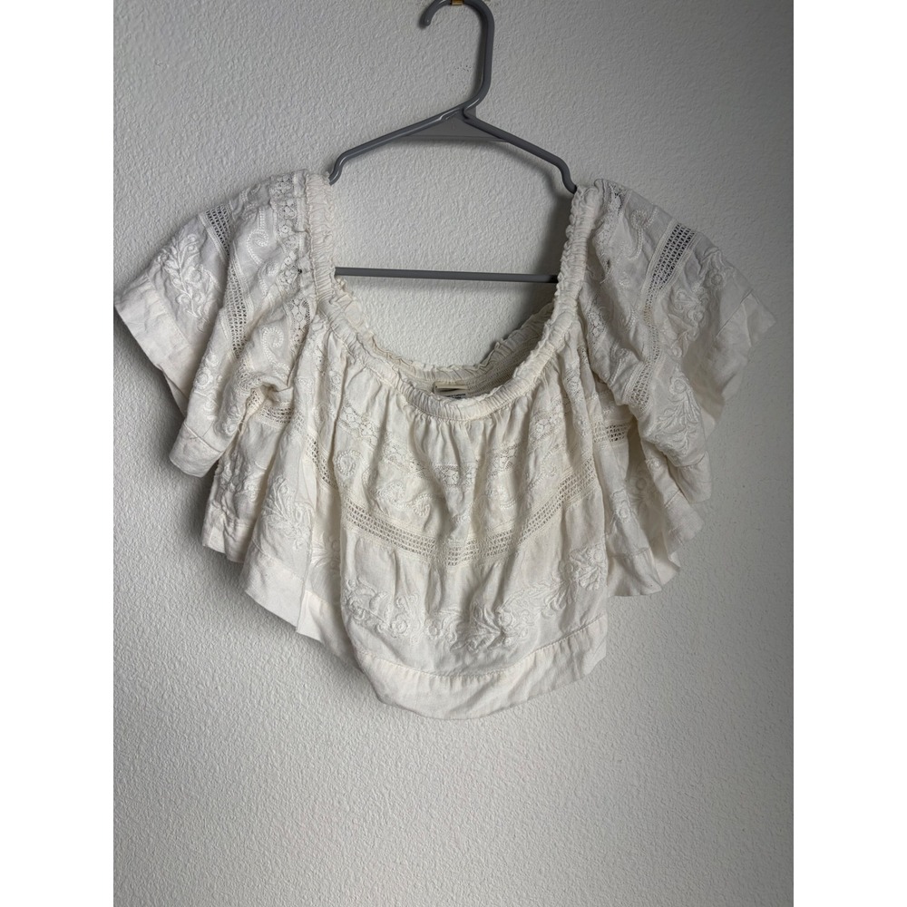 L*Space Womens Ivory Embroidered Off The Shoulder Ruffle Crop Top Size Medium